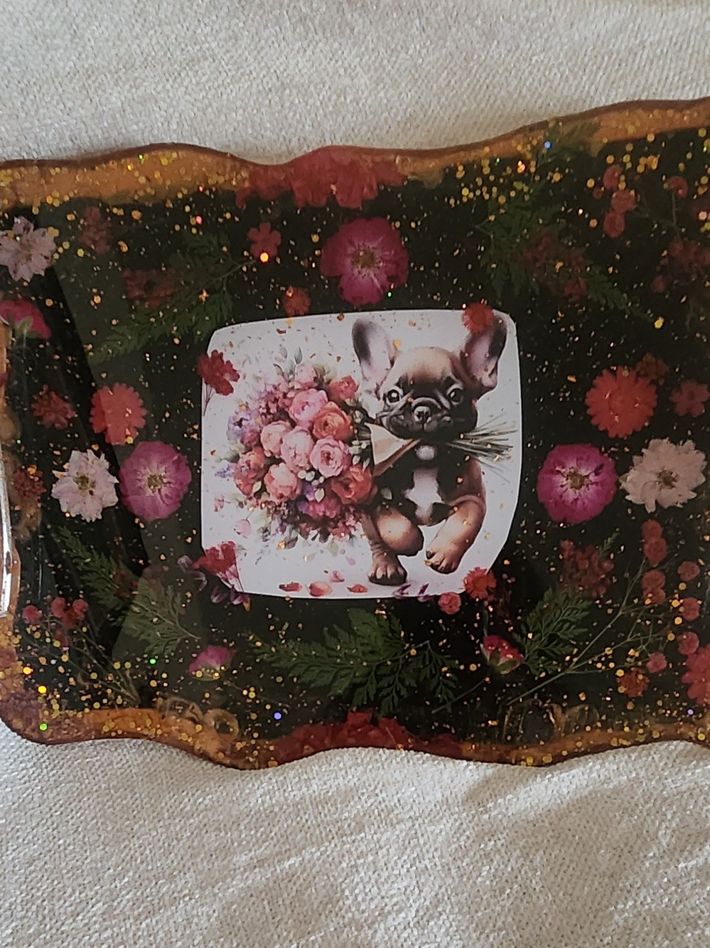 Whimsical French Bulldog Floral Tray in Black and Pink